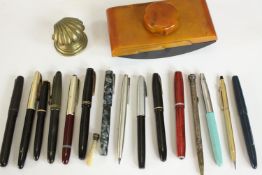 A collection of stationery items, including fifteen vintage fountain and ball point pens, various