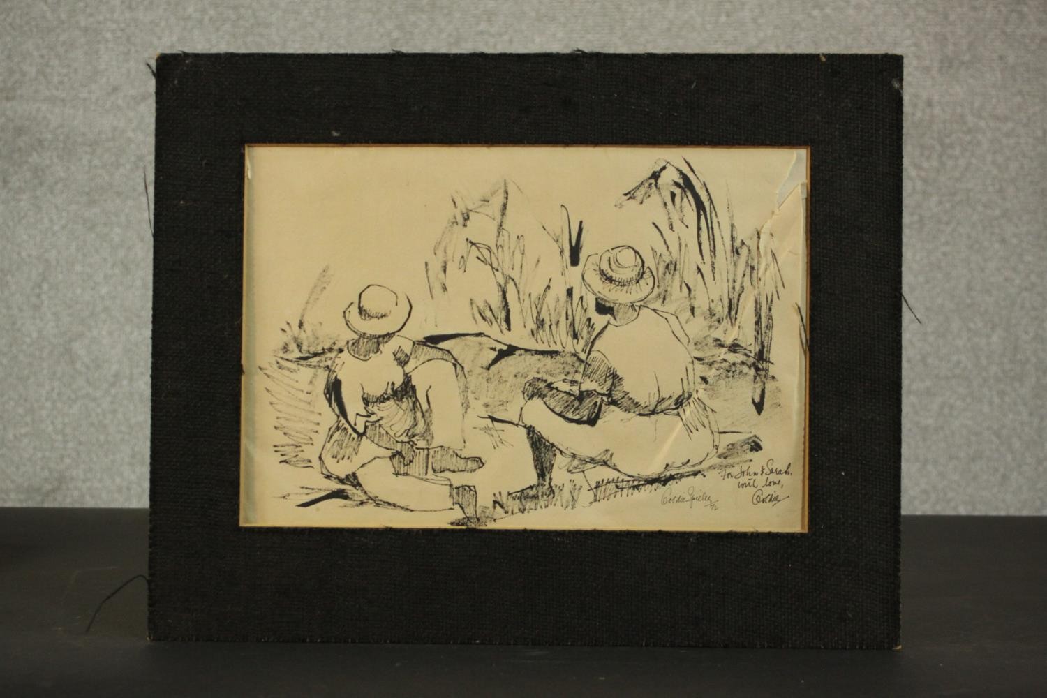 Goldie Spieler, pen and ink sketch of two seated figures, signed, dated and inscribed. H.50 W. - Image 2 of 4