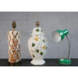 Three table lamps, one hand painted orange floral and foliate design Italian ceramic lamp, a hand