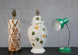 Three table lamps, one hand painted orange floral and foliate design Italian ceramic lamp, a hand