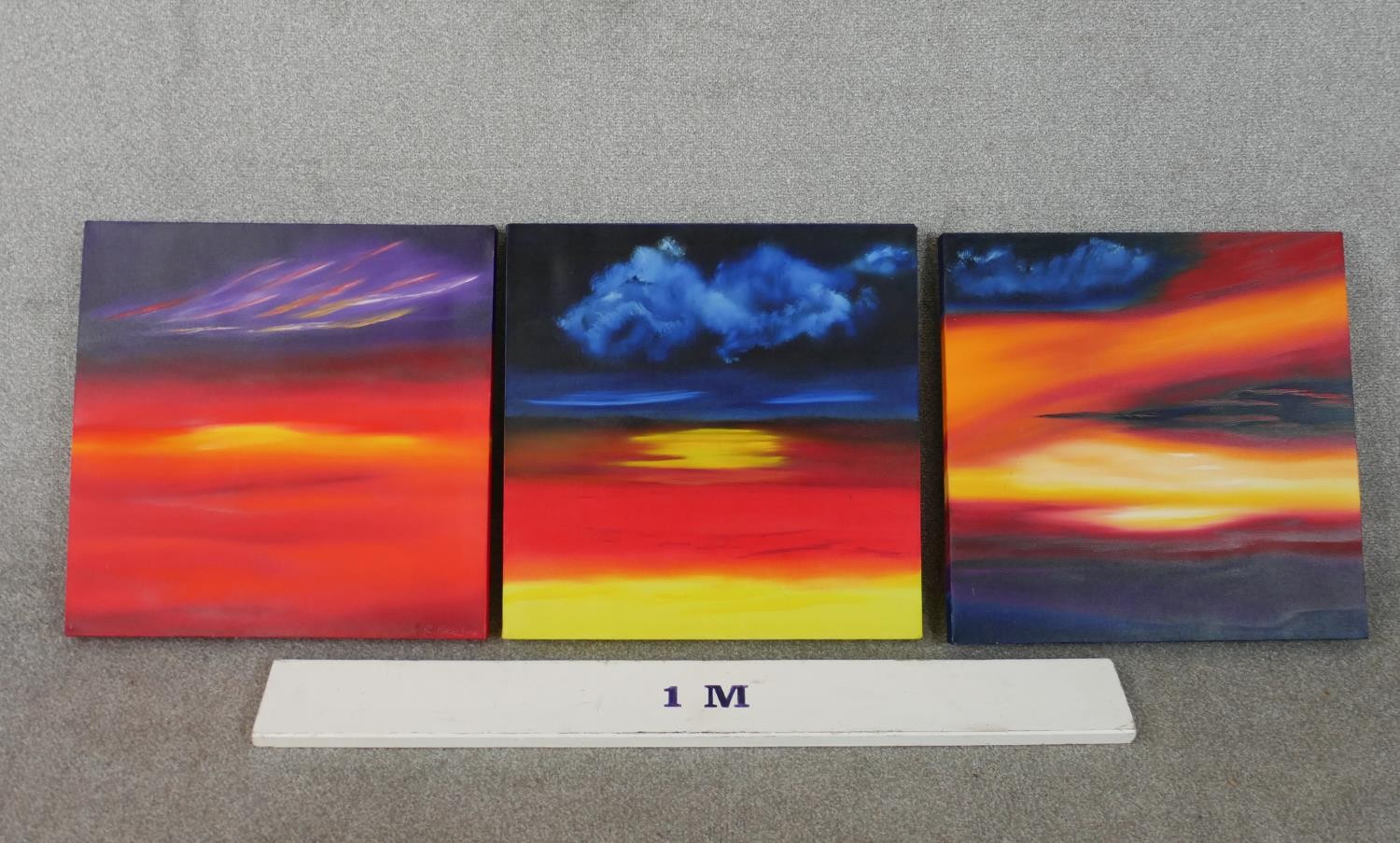 B Keeling (Contemporary), three sunsets, acrylic on box canvas, signed. H.51 W.51cm - Image 2 of 8