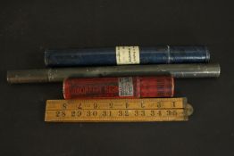 A collection of Victorian scientific instruments, including a folding rule, a cased Hydrometer, a