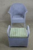 A lavender painted Lloyd Loom tub chair, together with a lavender painted Lloyd Loom piano stool