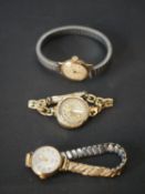 Three ladies 9ct gold cased automatic vintage watches, one by Accurist, Vertex and an Art Deco 9ct