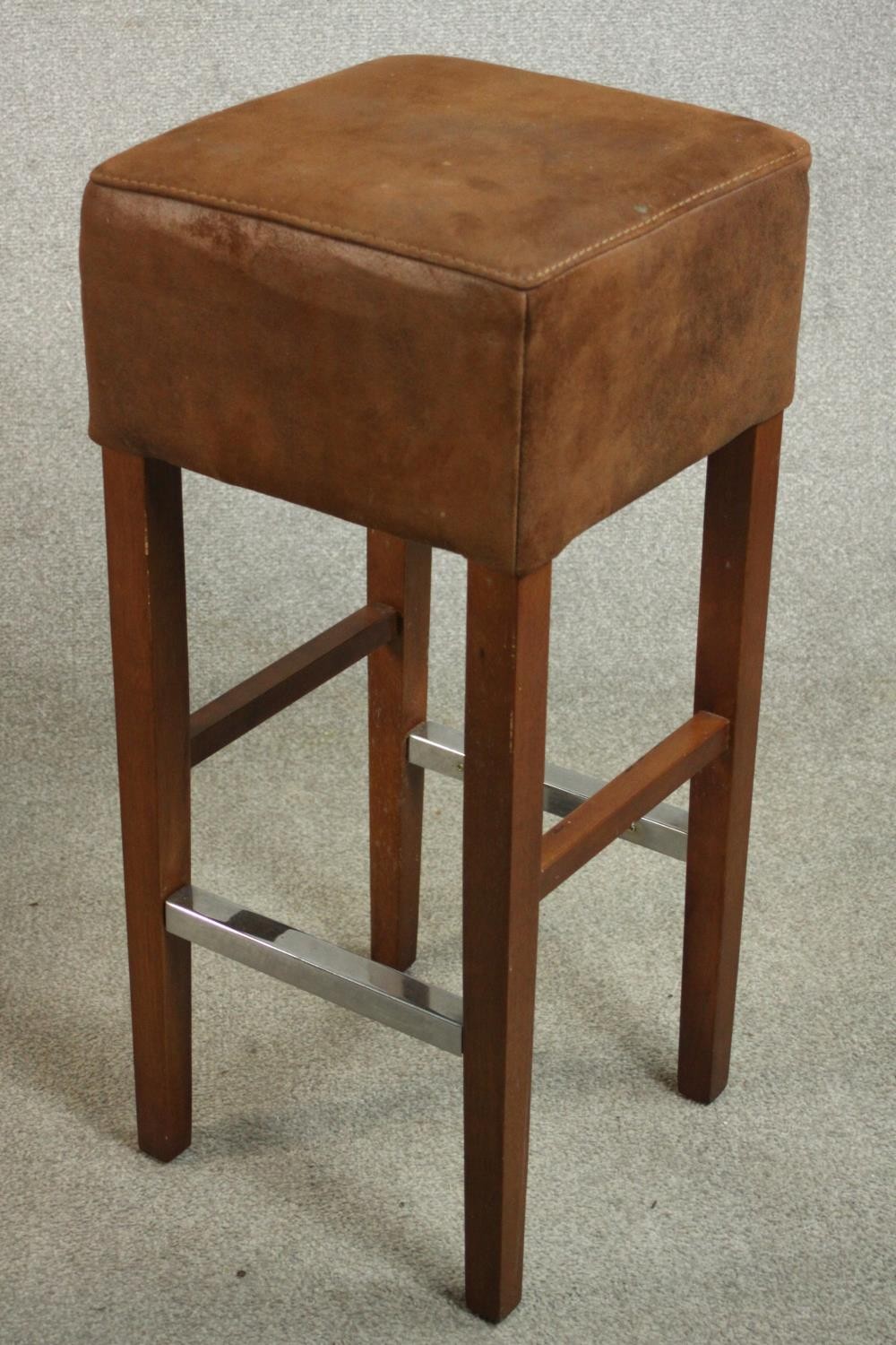 A set of three Andy Thornton contemporary bar stools, with brown suede upholstered seats, on - Image 6 of 8