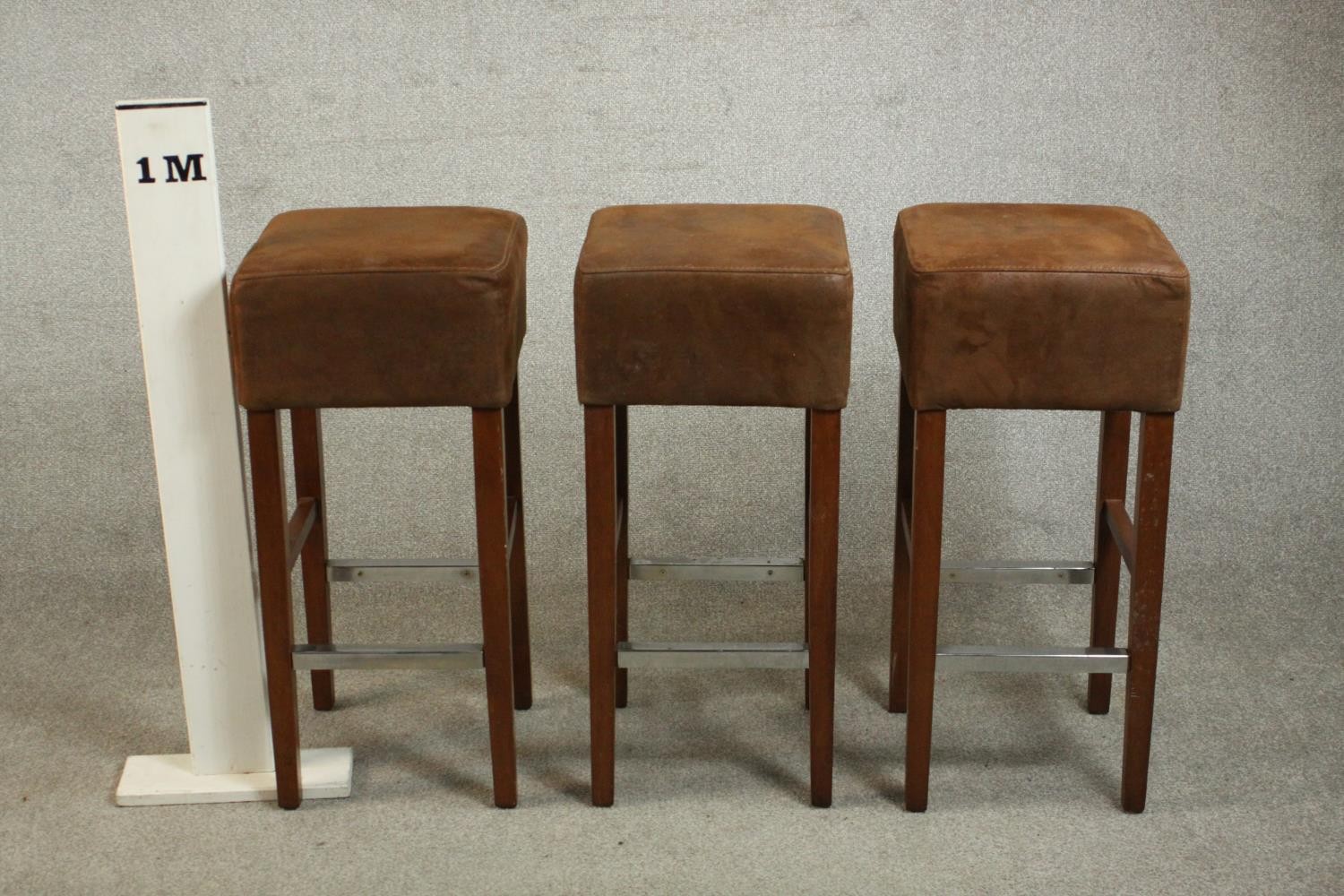 A set of three Andy Thornton contemporary bar stools, with brown suede upholstered seats, on - Image 2 of 8