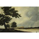 A gold painted oil on board of countryside landscape with lake, signed Castaldo, 1970. H.66 W.90cm.