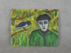 Wolf Howard, Man and Bird, acrylic on canvas, monogrammed WH lower left, signed and titled verso.