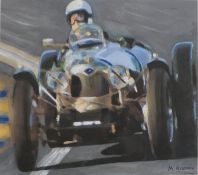 A framed and glazed watercolour and acrylic on paper of a driver in a vintage car, signed M. Gidden.