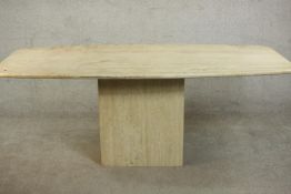 An Italian travertine marble dining table, circa 1970s, on a square plinth base. H.75 W.200 D.99cm.