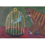 Wolf Howard, The Cat and the Caged Bird, acrylic on canvas, monogrammed WH lower left, signed and
