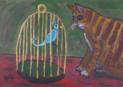 Wolf Howard, The Cat and the Caged Bird, acrylic on canvas, monogrammed WH lower left, signed and