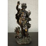 After Auguste Moreau, a bronze sculpture depicting Neptune / Poseidon, his right arm raised, holding