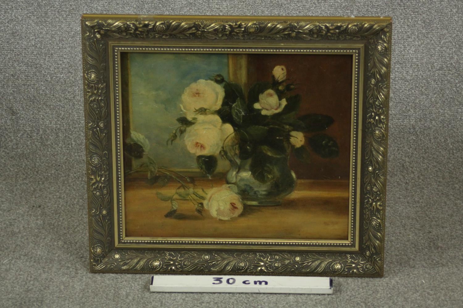 Late 19th century school, Still Life of White Roses, oil on panel. H.45 W.49cm. - Image 3 of 7