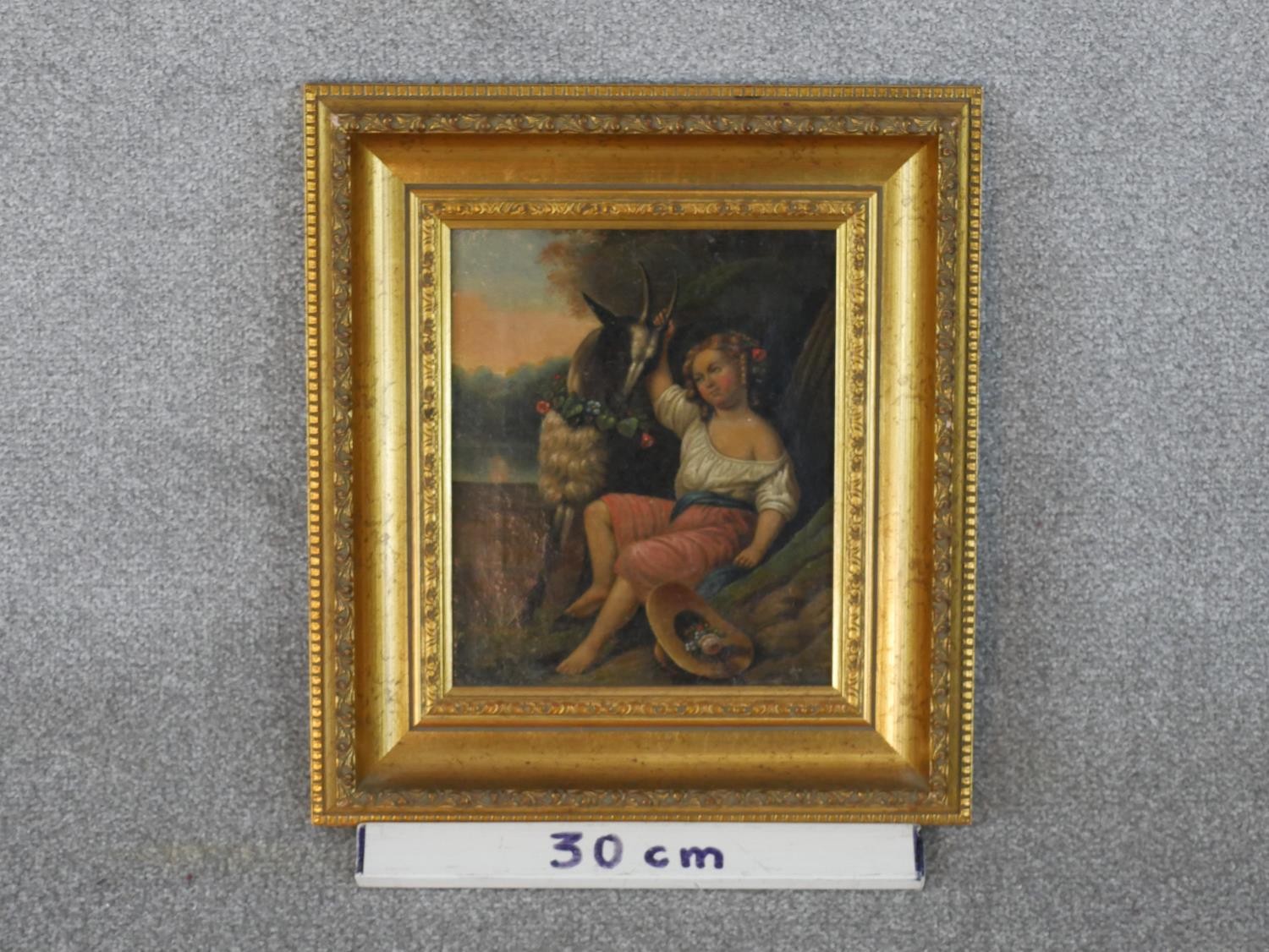 A gilt framed 19th century oil on canvas of a young child with a goat, unsigned. H.39 W.35.5cm - Image 3 of 5