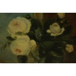 Late 19th century school, Still Life of White Roses, oil on panel. H.45 W.49cm.