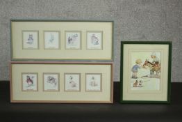 A collection of illustration prints, two sets of characters from Beatrix Potter and one of two