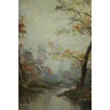A framed oil on canvas of trees in Autumn by the river, indistinctly signed. H.66 W.49cm.