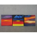 B Keeling (Contemporary), three sunsets, acrylic on box canvas, signed. H.51 W.51cm