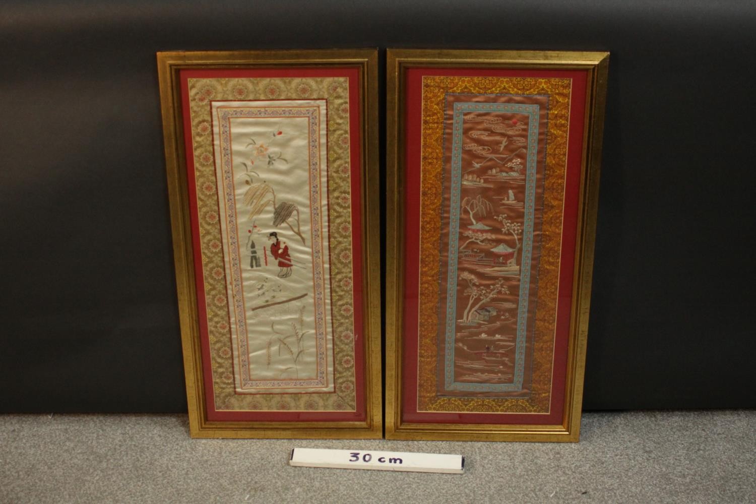 Two framed and glazed early 20th Chinese embroidered silk panels, one of a Geisha on a bridge and - Image 2 of 7