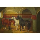 19th century style, Three Horses in a Stable, oil on canvas, signed indistictly lower right. H.92