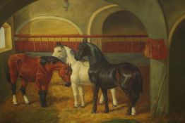 19th century style, Three Horses in a Stable, oil on canvas, signed indistictly lower right. H.92