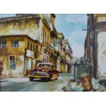 A framed acrylic on canvas of a street scene with vintage car, unsigned. H.74 W.95cm