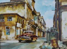 A framed acrylic on canvas of a street scene with vintage car, unsigned. H.74 W.95cm