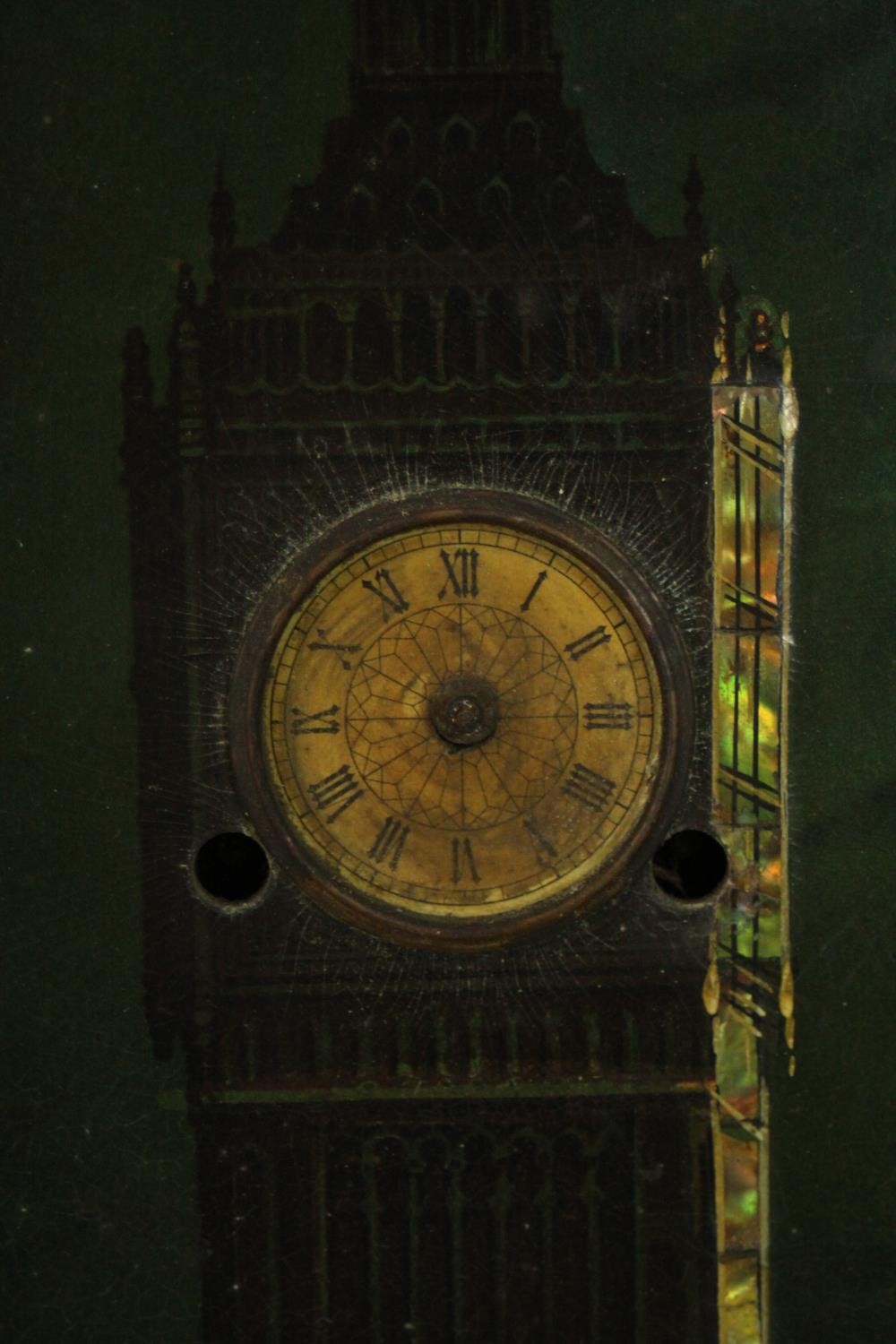 A Victorian mystery picture clock, the movement hidden behind a mother of pearl inlaid painting - Image 4 of 7