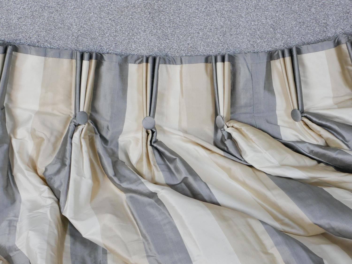A pair of fully lined heavy striped cream, white and grey silk/cotton mix curtains, ruched and - Image 5 of 6