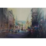 A large gilt framed oil on canvas of a London streetscape, unsigned. H.48 W.63cm