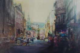 A large gilt framed oil on canvas of a London streetscape, unsigned. H.48 W.63cm