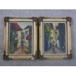 Two framed oils on board of street scenes with figures, unsigned. H.27 W.21cm