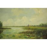 A framed oil on canvas of a river landscape, indistinctly signed. H.56 W.67cm.