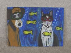 Wolf Howard, Dog and Cat Underwater (Varient), acrylic on canvas, monogrammed WH lower right, signed