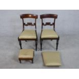 A pair of William IV mahogany bar back dining chairs, with gold coloured silk upholstered drop in