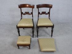 A pair of William IV mahogany bar back dining chairs, with gold coloured silk upholstered drop in
