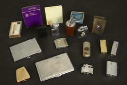 A collection of vintage cigarette cases and lighters, including Ronson, Zippo and a silver plated