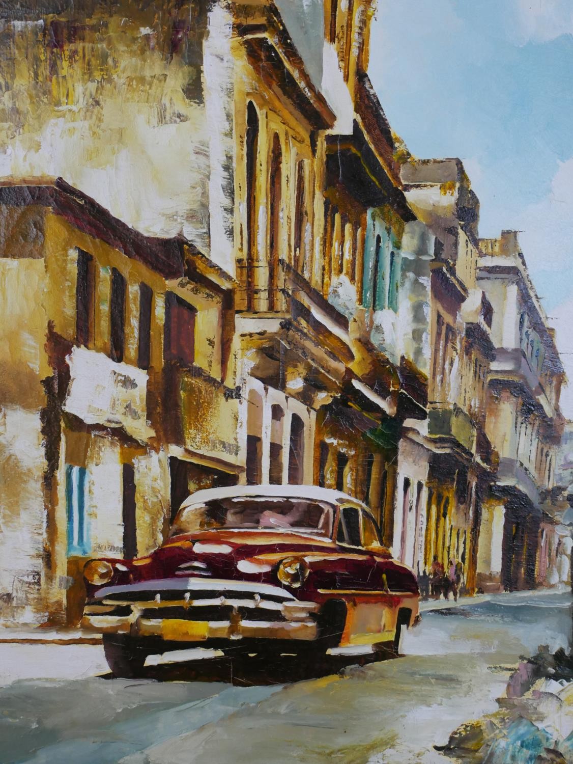 A framed acrylic on canvas of a street scene with vintage car, unsigned. H.74 W.95cm - Image 4 of 4