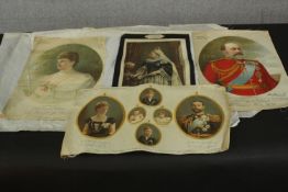 A Victorian Souvenir portrait of Her Most Gracious Majesty Queen Victoria on silk along with other