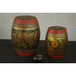 Two lacquered and gilded Russian floral design biscuit barrels along with a hand painted box