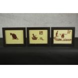 Three framed and glazed Tribal African lino cuts of humorous scenes, monogrammed PM. H.26 W.31.(