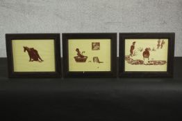 Three framed and glazed Tribal African lino cuts of humorous scenes, monogrammed PM. H.26 W.31.(