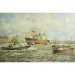 A carved gold framed oil on canvas of ships in the port, unsigned. H.70 W.83cm.