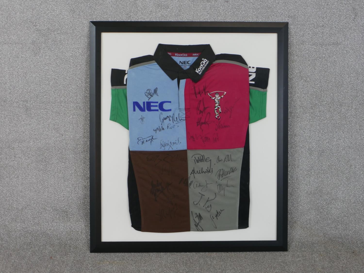 A framed and glazed Harlequins rugby shirt signed by members of the team. H.86 W.74cm - Image 2 of 8