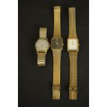 Three Gentleman's vintage watches, a Seconda quartz black faced gold tone watch with woven design