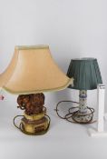 A hand painted floral design porcelain table lamp along with a moulded resin elephant form table