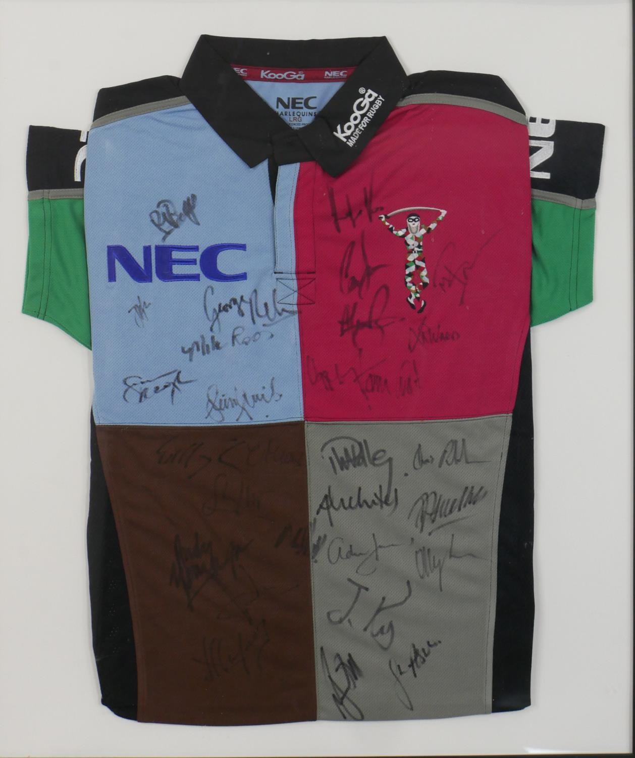 A framed and glazed Harlequins rugby shirt signed by members of the team. H.86 W.74cm