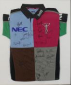A framed and glazed Harlequins rugby shirt signed by members of the team. H.86 W.74cm