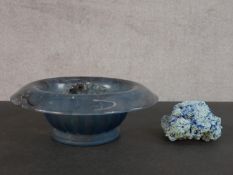 A depression blue and purple glass flower frog and bowl along with a blue crystal. Diam.24cm (